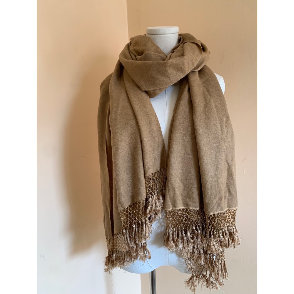 Hand Made Pashmina Silk Scarf Beaded Fringe Wrap Tan Brown Nepal Shawl Wrap
